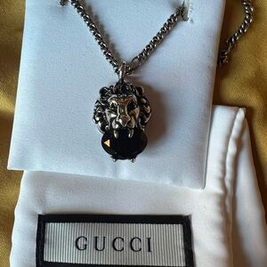 Gucci Black Crystal Lion Head Pendant Necklace
